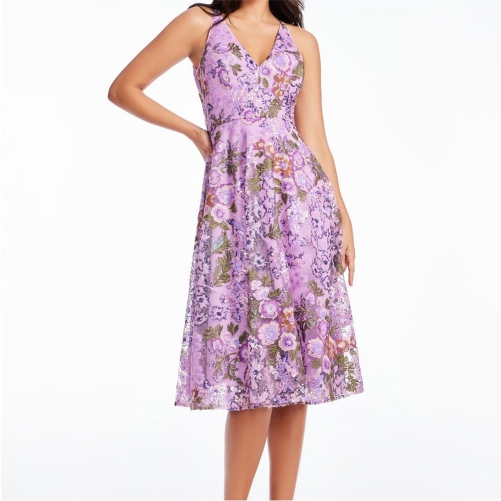 Dress the Population Purple Floral Midi Dress V-neck Sleeveless Size Large NWOT